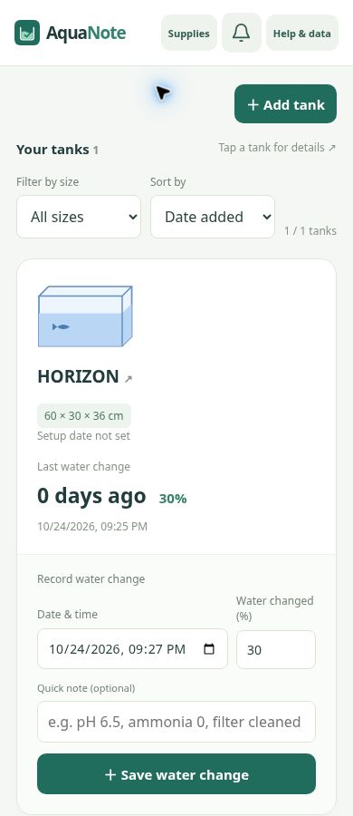 AquaNote tank list with last water change, percentage and quick record form